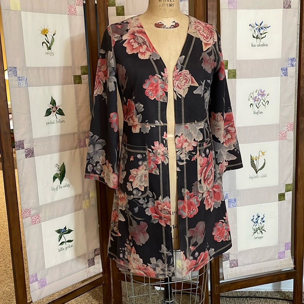 Solitaire/Anthropologie Marcela Floral Faux Suede cardigan w large side pockets